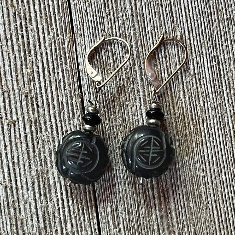 Fortune Stone Earrings ~ carved red jasper of black onyx, a gift for luck