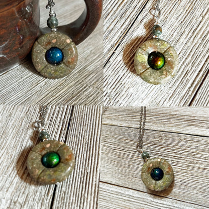 Four images of the Transform Your Daily Style with the Jasper Mood Bead Necklace - Unique Color-Changing Jewelry by Enlivenadorn by Gwynstone, featuring a round jasper pendant and iridescent mood bead on a silver chain.