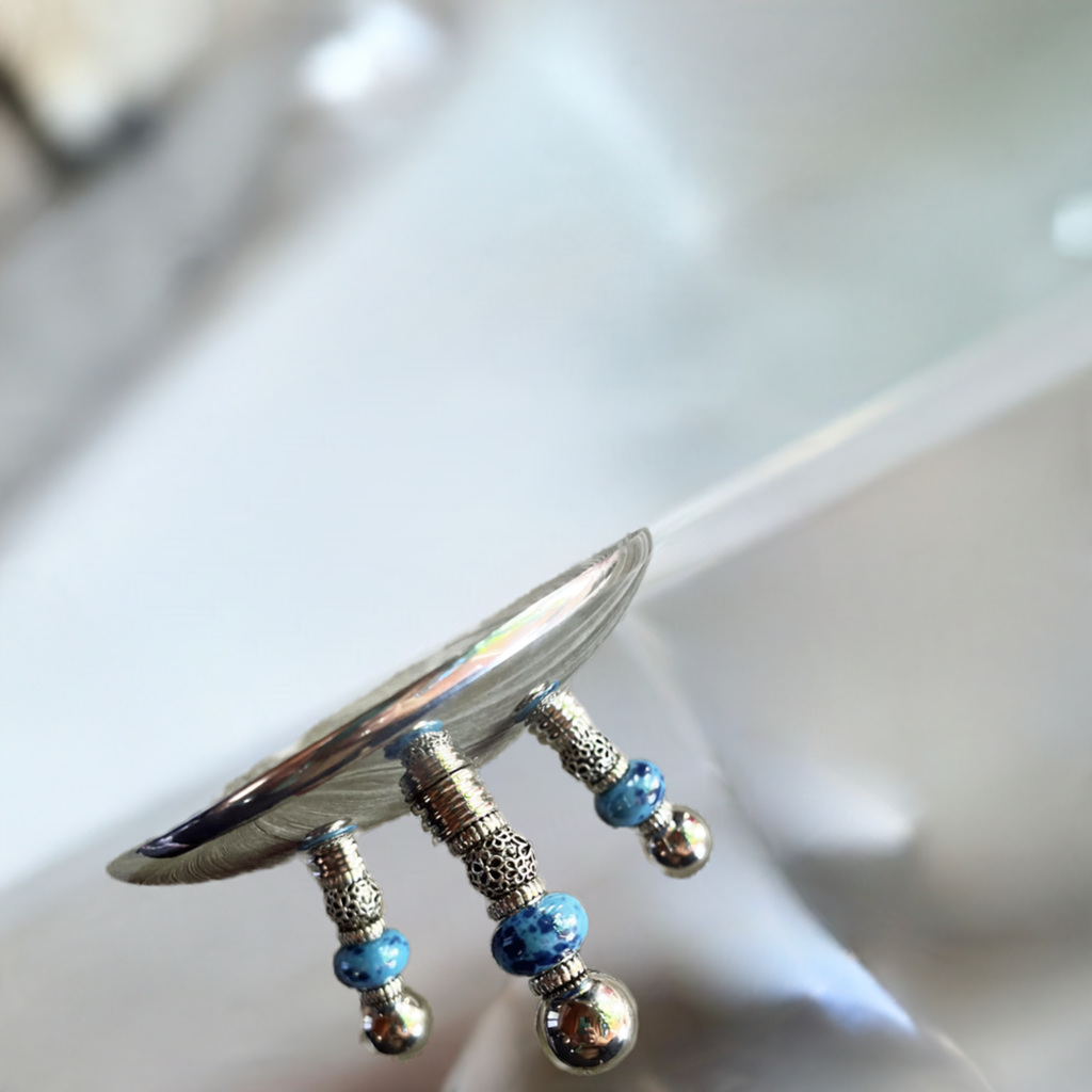 Elegant Blue Beaded Stainless Steel Candle Holder with Silver Dish - Perfect Romantic Gift