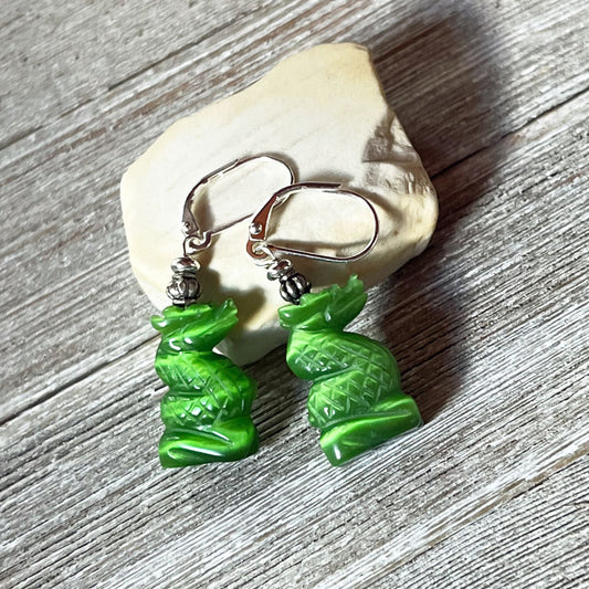 Green Dragon Earrings ~ Emerald Optic Stone makes them appear to glow, Gift for Fantasy Lover