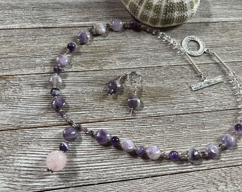 Rose Quartz Pendant and Amethyst Bead Jewelry Set