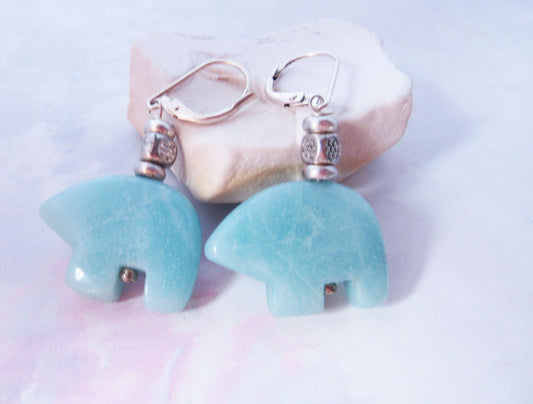 Sky Blue Bear Earrings - Zuni Style Amazonite Earrings - Bear Totem Jewelry - Earlobe Earrings - Blue Stone Earrings - Bead Accent Earrings