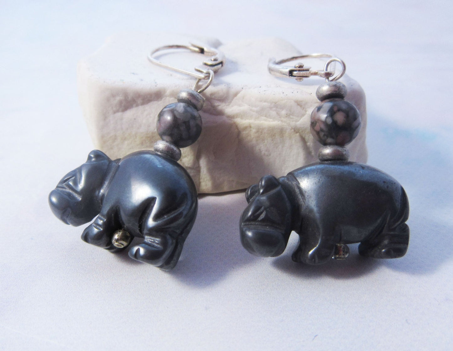 Hippo earrings, hematite carved hippopotami, earrings hippopotamus jewelry, stone animal earring