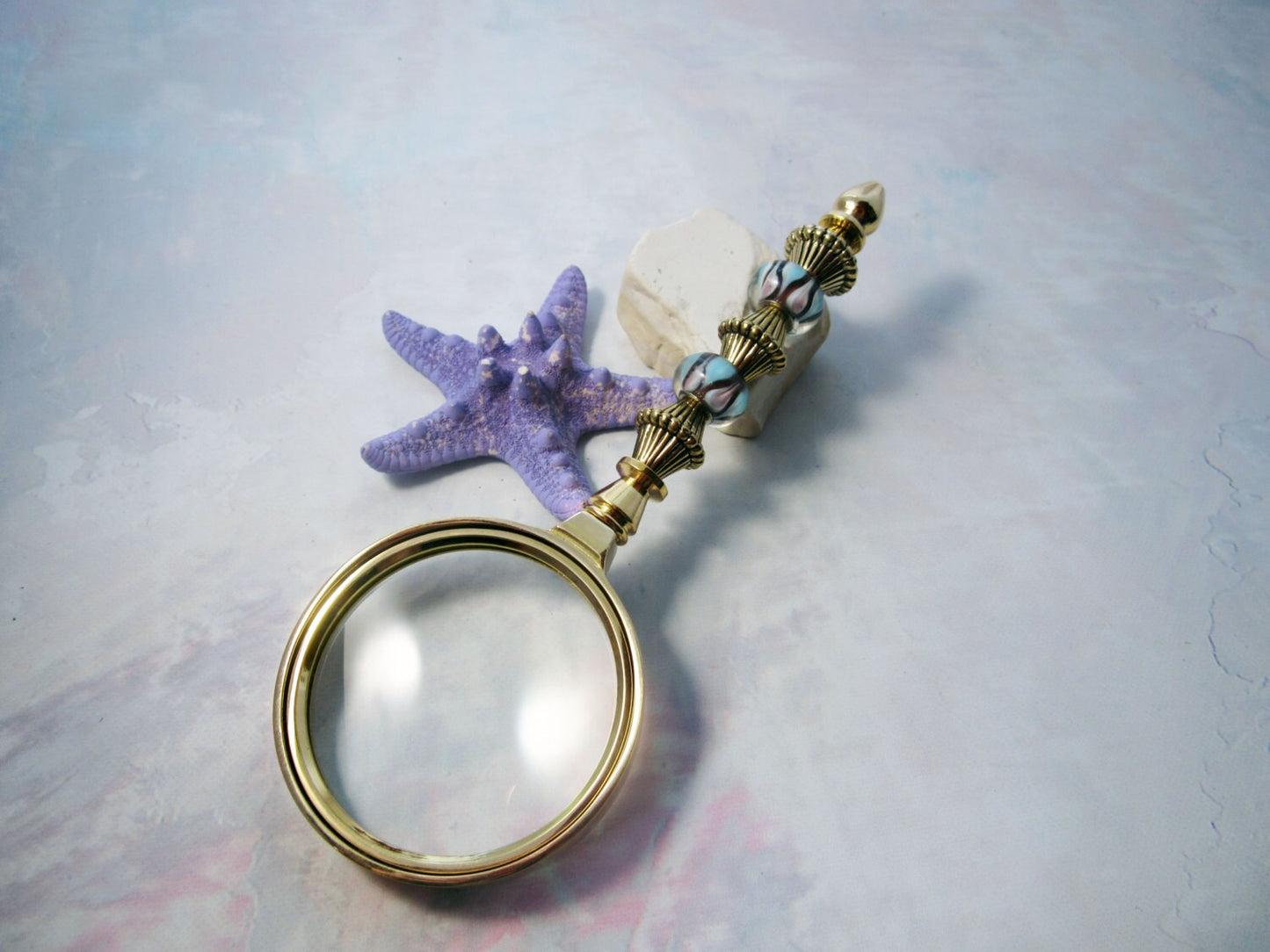 Gold Beaded Magnifier Glass - For Grandma or Mother, Hand-Held Magnifier, Magnifying Art Glass, Golden Elegant Pastel Beads Magnify Style