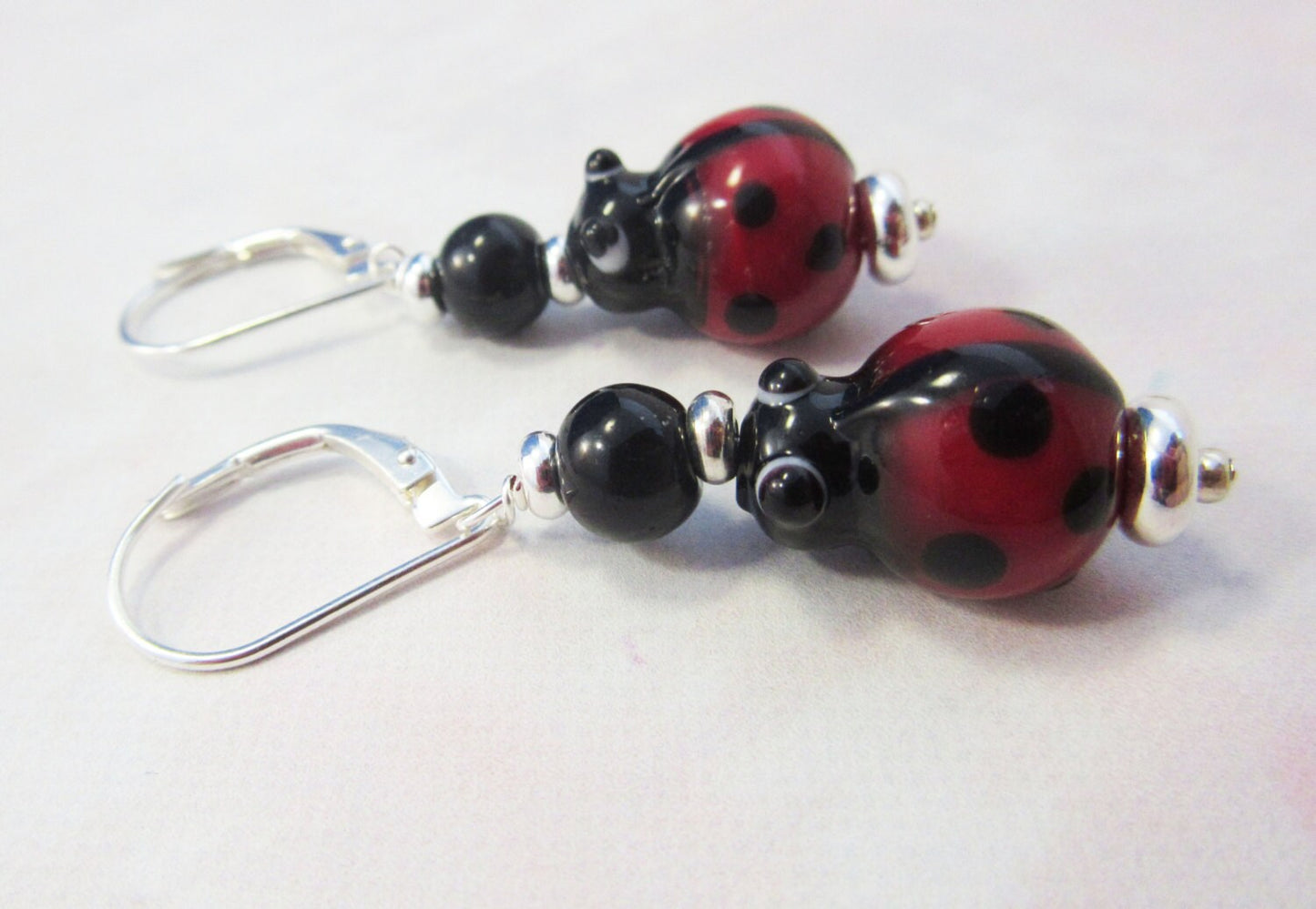 Ladybug earrings of Lampworked Glass, Cute Bug Jewelry, Lady beetle Jewelry, Fun Earrings, Insect Jewelry, Gift for Gardeners and Good Luck