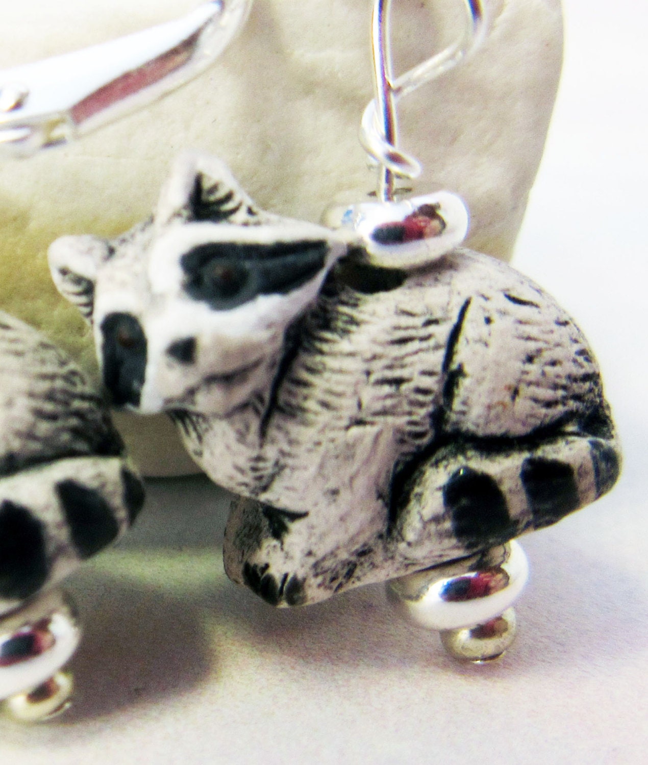 RACCOON EARRINGS - hematite stone, Woodland Animal, nature lover boho earrings, hand painted drop earrings, cute animal jewelry racoon