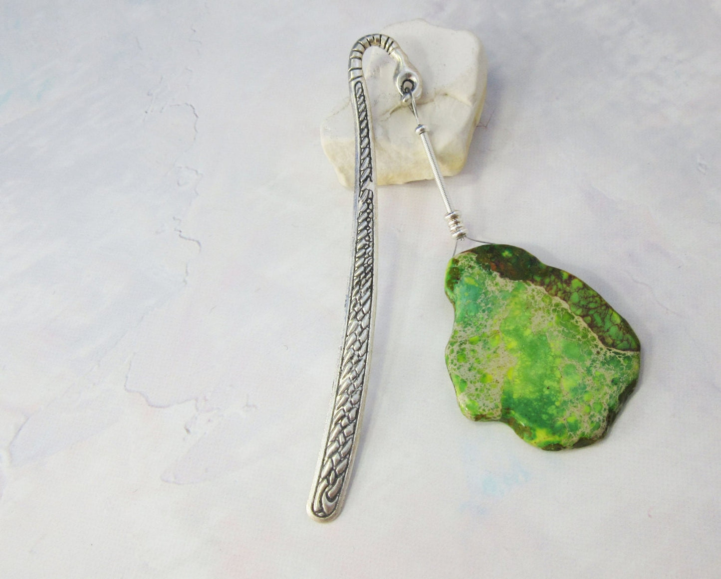 Decorative Green Impression Jasper Metal Bookmark - stone and metal book gift - book readers fun gift - aqua terra slab dangle zen style