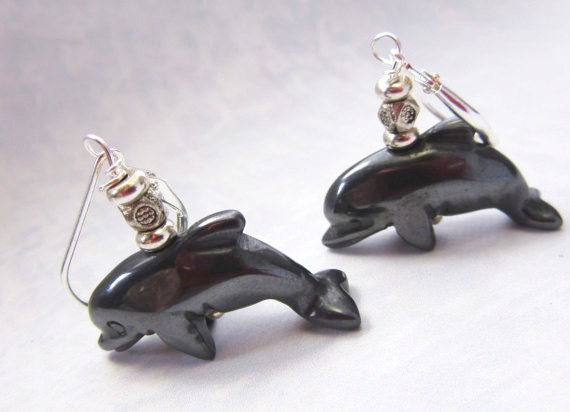 Dolphin Earrings Carved Black Hematite - Dolphin Lover Gift Shiny and cute, A gift to give on porpoise. For Zoologist and Animal Trainer