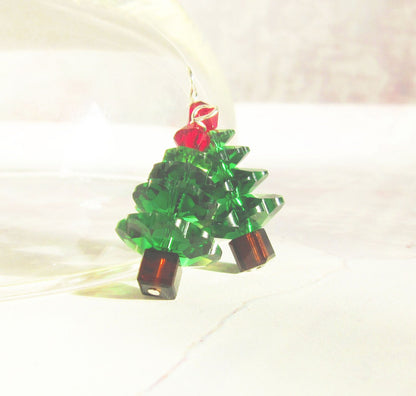 Traditional Christmas Earrings featuring a beautiful green Xmas tree design, perfect Christmas tree jewelry for the holiday season, crafted with authentic crystals and sterling silver for a sparkling look.