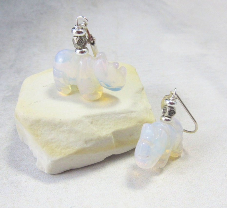 White Rhino Earrings -  Exotic and Rare Rhinoceros Jewelry -  Opalescent Stone, gift for endangered animal supporter, wildlife Africa Safari