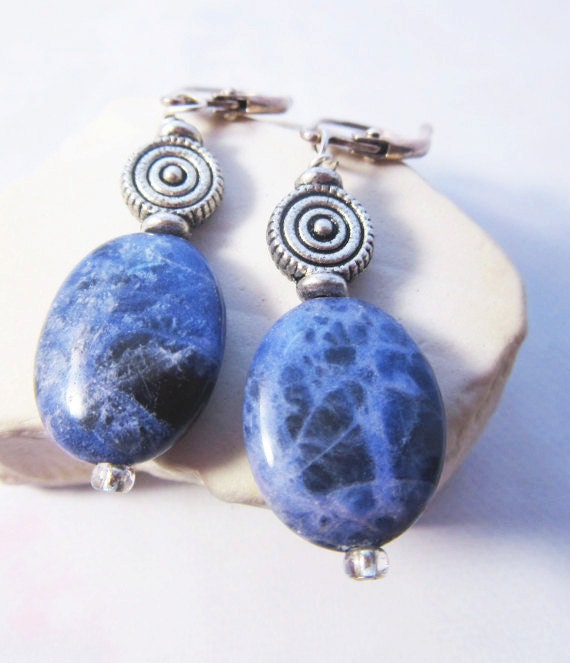 Sodalite earrings - artisan-designed stone and spiral, denim blue earrings, gift for friend, for creativity, intuition, and self-expression