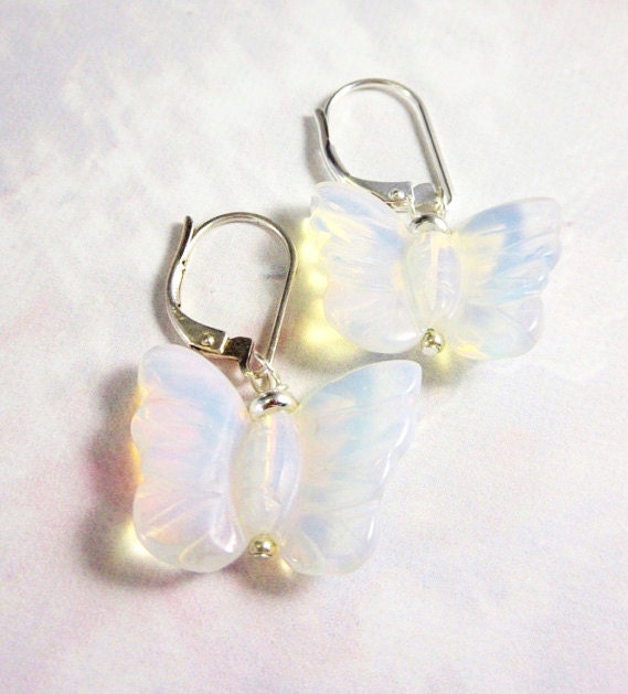 Butterfly earrings - carved shimmering white opalescent jewelry or Pink Rose Quartz option.  Meadow themed. free spirit nature lover gift