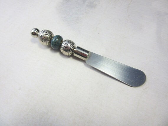 CHEESE SERVING KNIFE - Raku Beaded Knife - Beaded Handle Knife - Gift For Mom - Dip Spreader Knife - Gift For Friend - Silvertone Knife