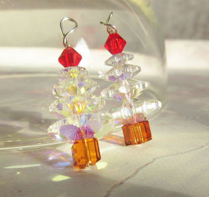 Close-up of Christmas Tree Earrings - Authentic Crystal drop earrings highlighting the intricate craftsmanship of the Swarvoski crystals.