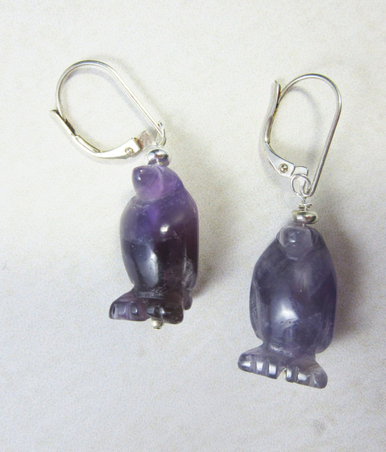 Penguin necklace, amethyst jewelry, purple penguin earrings, funny gift for her, carved stone animal