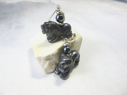 Lion Earrings, Carved Hematite Earrings showcasing intricate lion designs, perfect for animal lovers and zoo enthusiasts.