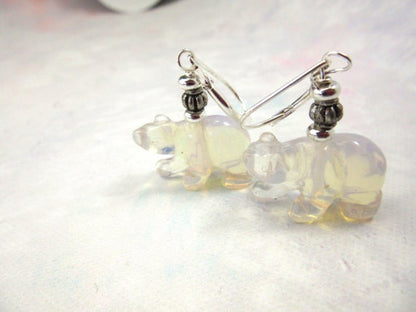 White Bear Earrings, a gift for polar wildlife lovers, featuring carved stone animal jewelry with clear quartz and moonstone stones.