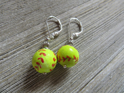 Softball Earrings - Handmade women's jewelry designed for softball enthusiasts, dangling design around one inch in length.