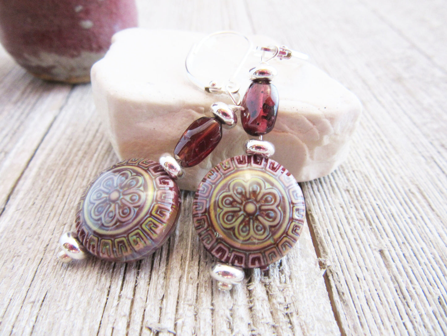 GARNET JEWELRY SET - Mandala and Garnet color change earrings and necklace, mood bead jewelry, zen style, yoga jewelry