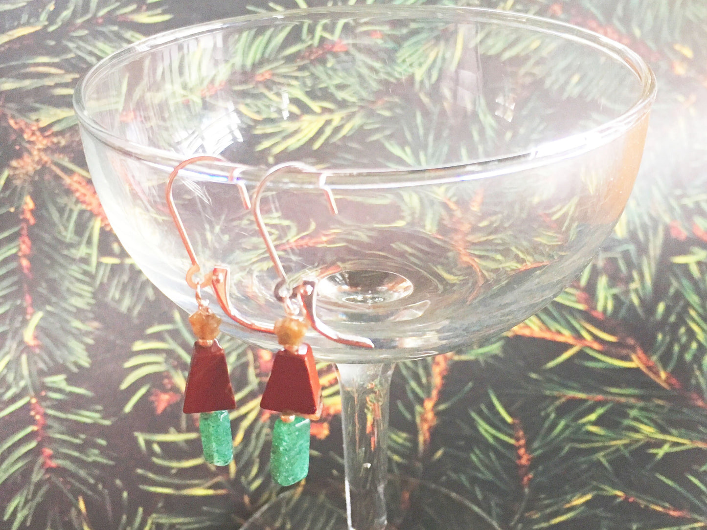 Christmas Tree Earrings - Minimalist Green Red Jasper Stone Tree Jewelry  - Xmas Jewelry - Primitive Holiday Earrings