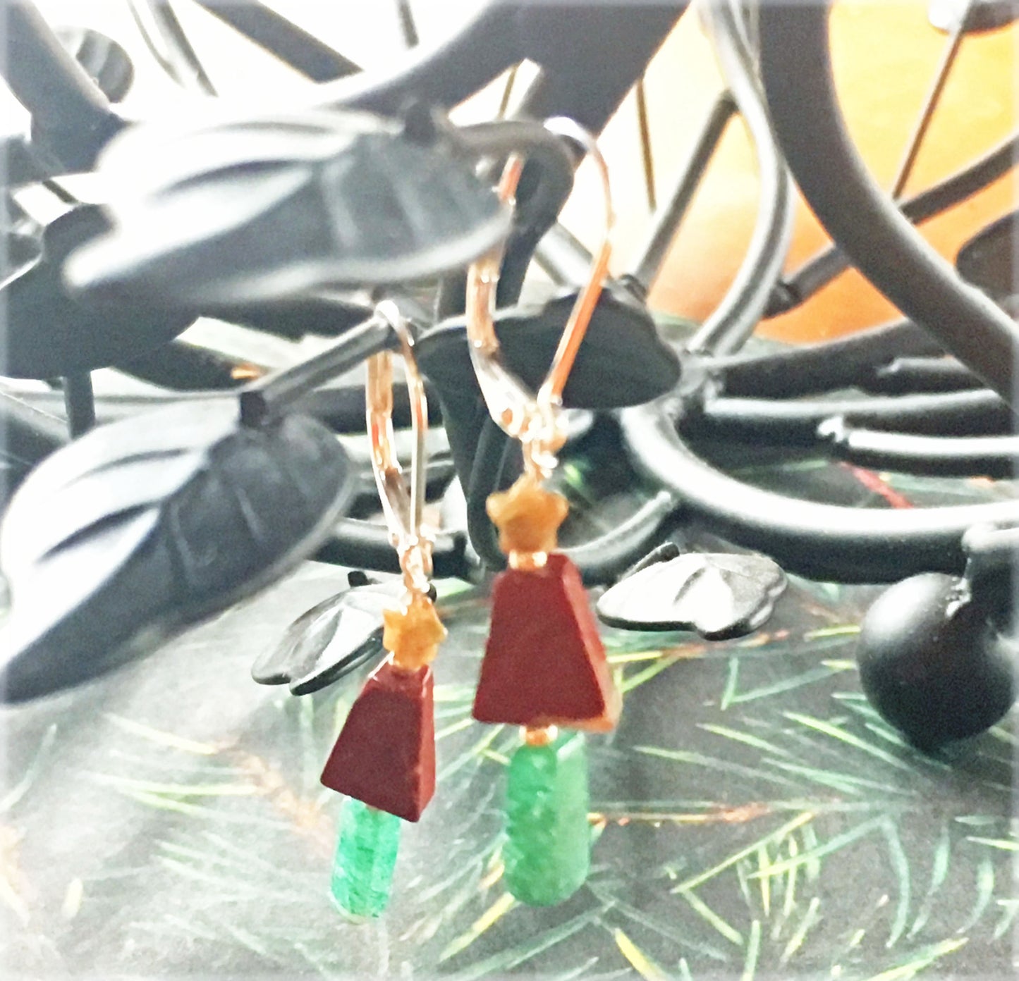 Christmas Tree Earrings - Minimalist Green Red Jasper Stone Tree Jewelry  - Xmas Jewelry - Primitive Holiday Earrings