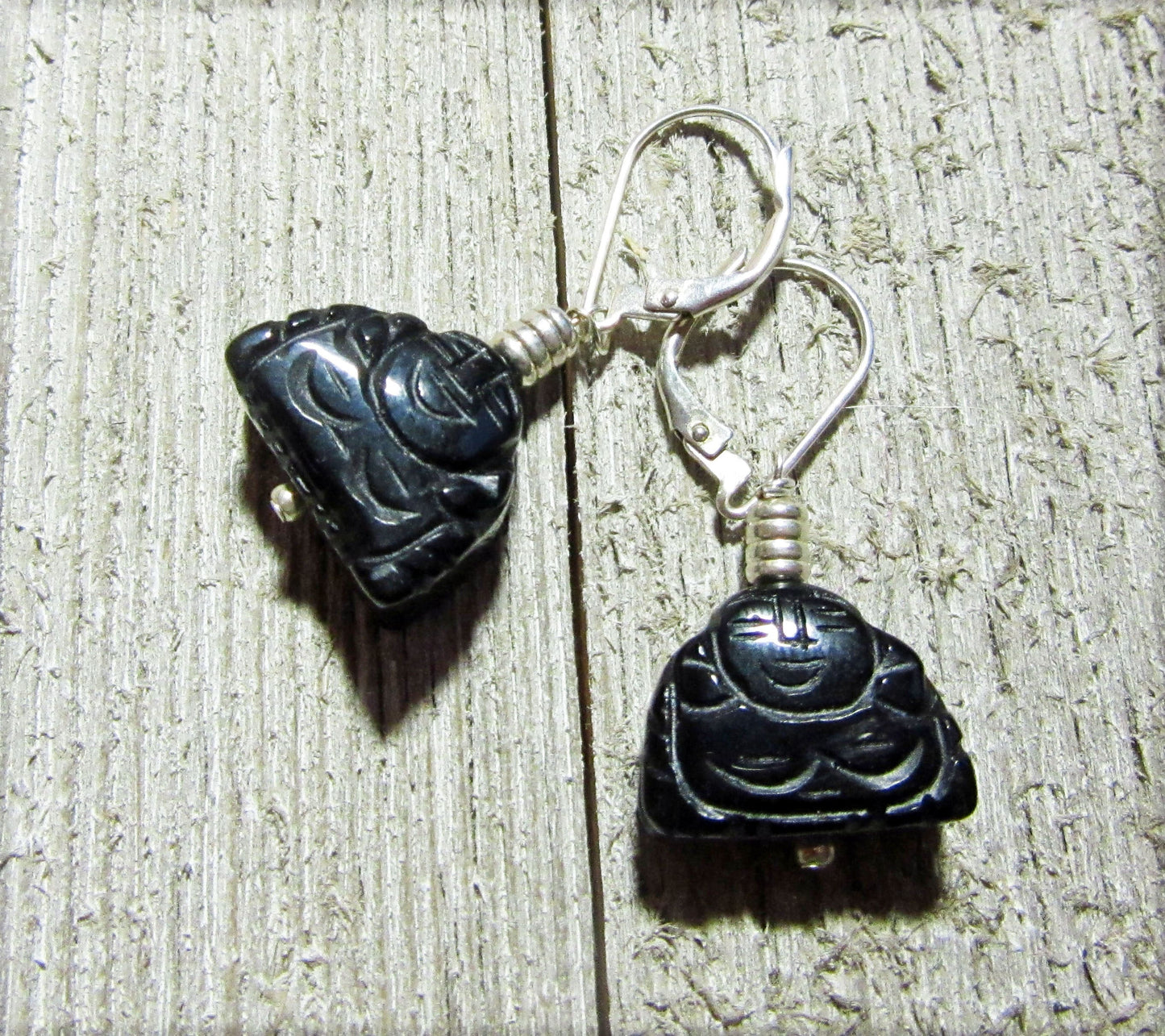 Smiling Buddha Laughing Earrings- Black Stone Carved, Zen Gifts For Her, Ear Lobe Earring, Zen Jewelry, Gift to make you feel calm serene