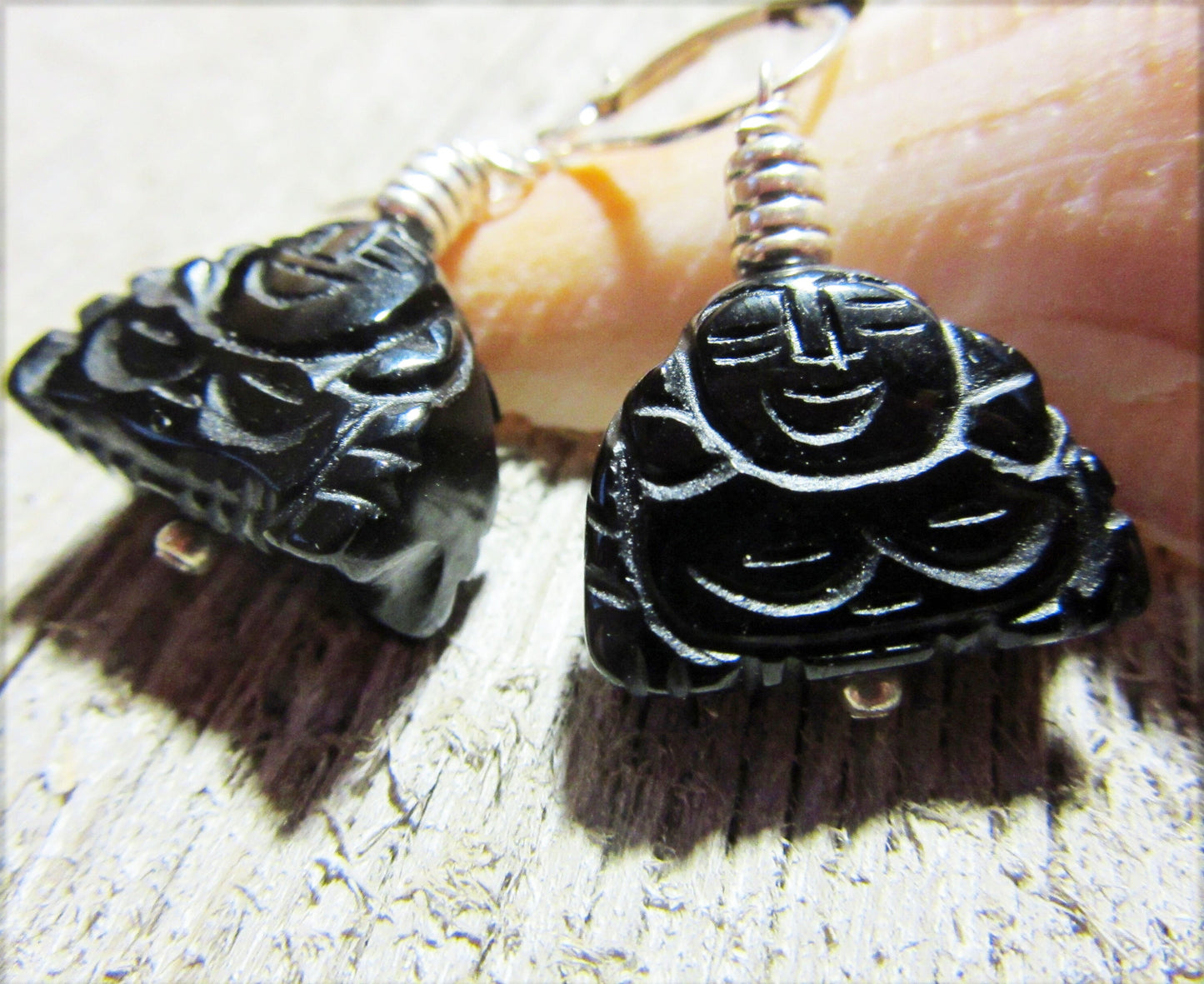 Smiling Buddha Laughing Earrings- Black Stone Carved, Zen Gifts For Her, Ear Lobe Earring, Zen Jewelry, Gift to make you feel calm serene