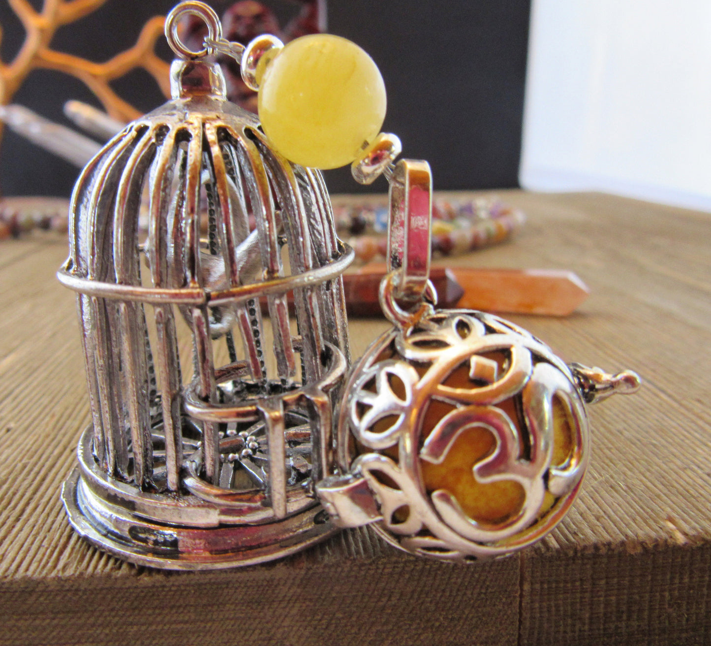 Bird Cage Essential Oil desk sitter, bird cage with calcite and namaste lava bead chamber, aromatherapy self-care gift with zen aesthetic