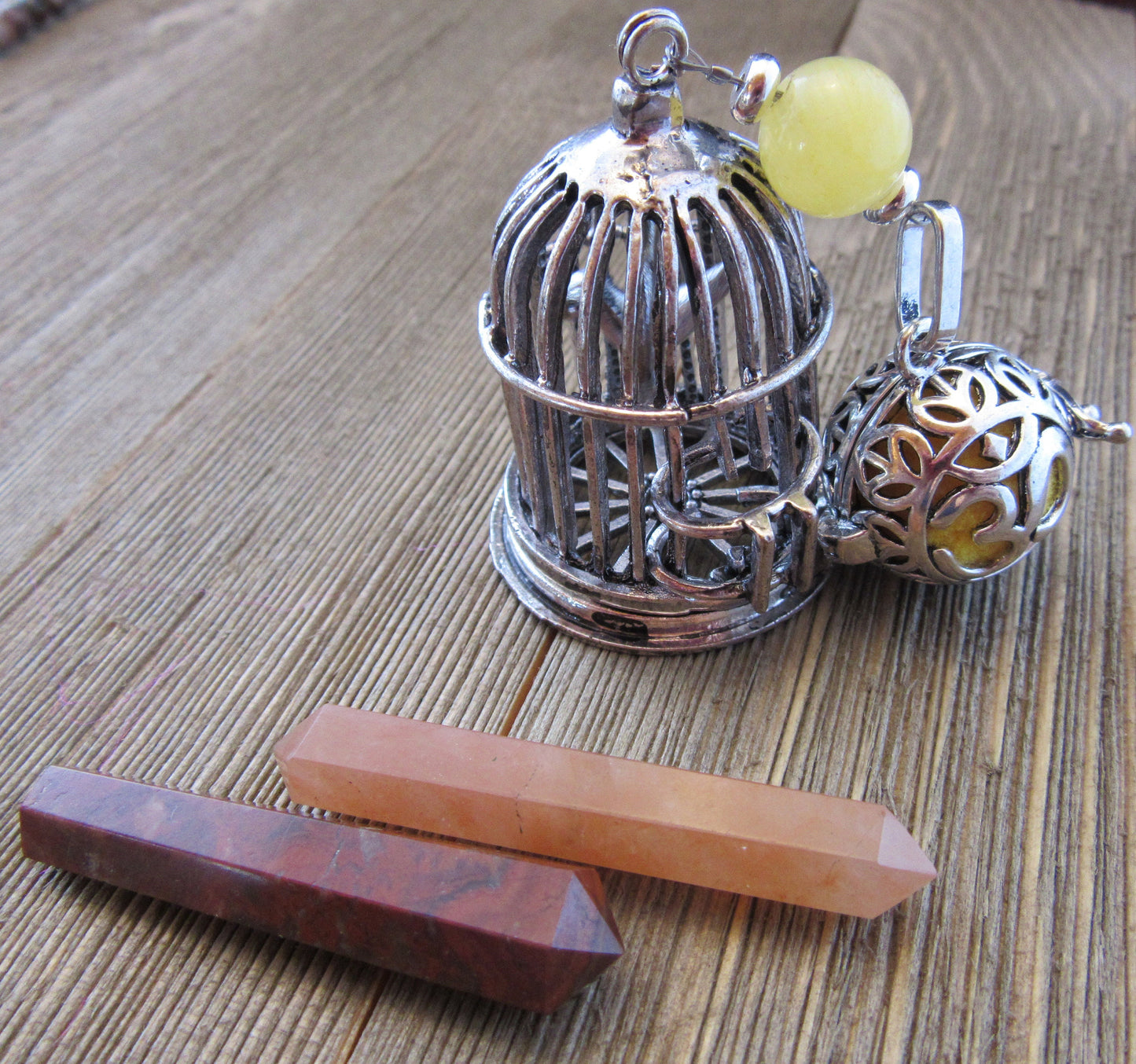 Bird Cage Essential Oil desk sitter, bird cage with calcite and namaste lava bead chamber, aromatherapy self-care gift with zen aesthetic