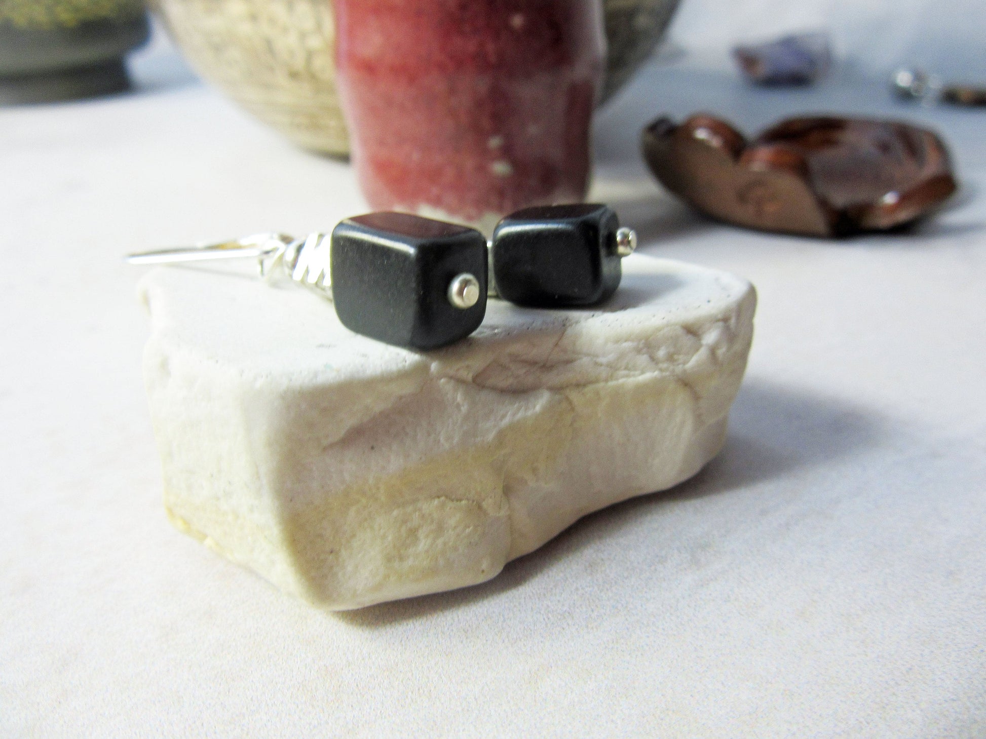 Black stone earrings - minimalist silver cube earrings - artisan designed - gift for her - boho style