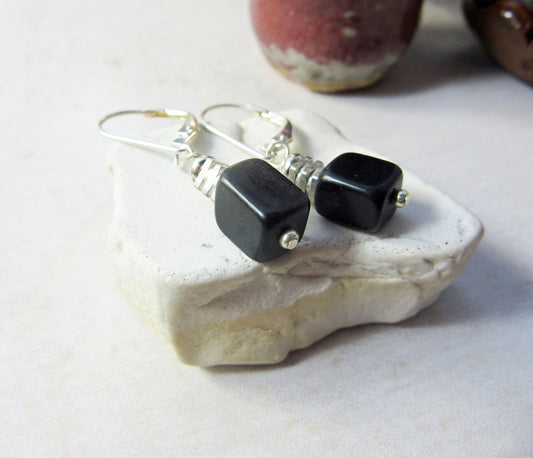 Black stone earrings - minimalist silver cube earrings - artisan designed - gift for her - boho style