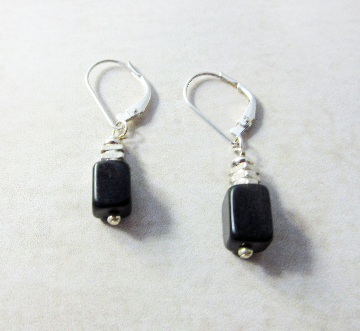 Black stone earrings - minimalist silver cube earrings - artisan designed - gift for her - boho style