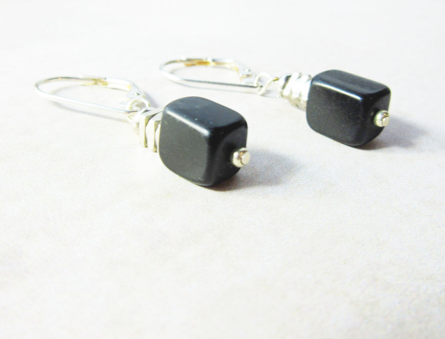 Black stone earrings - minimalist silver cube earrings - artisan designed - gift for her - boho style