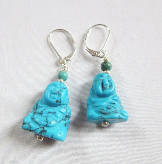 Smiling Happy Man Zen Earrings - Howlite Earrings, Gifts For Her, Carved Figure Stone Earring, Turquoise Healing Earrings, Buddha Theme Gift