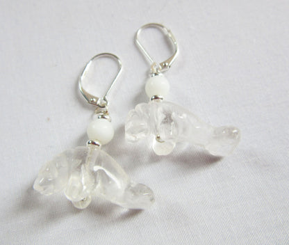 Beautifully crafted Manatee Earrings with Clear Quartz Drop, a must-have accessory for Florida wildlife enthusiasts.