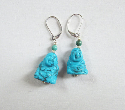 Lightly dangling Smiling Happy Man Zen Earrings with howlite and turquoise stones, ideal for adding zen style.