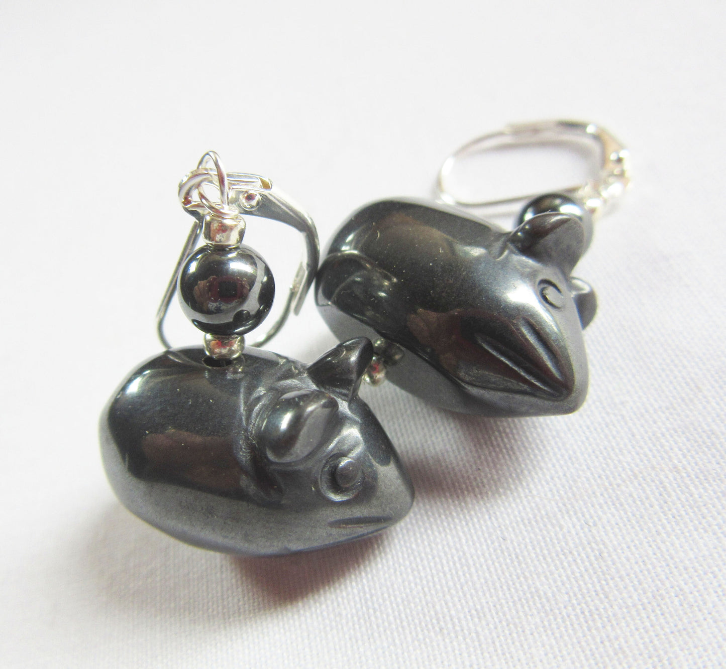 Mouse earrings, hematite earrings, mice earrings, carved stone animal, animal earrings