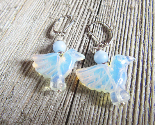 Hummingbird lover earrings, sodalite jewelry, carved opalite bird lover gift, sign of hope and jubilation, Gift for Mom and Bird Lover