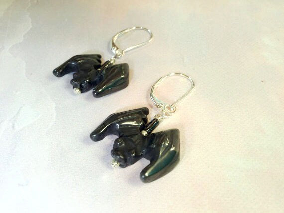 Bat Earrings of black stone  - Halloween Jewelry, Hematite Earrings, Animal Themed Gift, Bat Jewelry, Creepy Earrings, Scary Spooky Gift