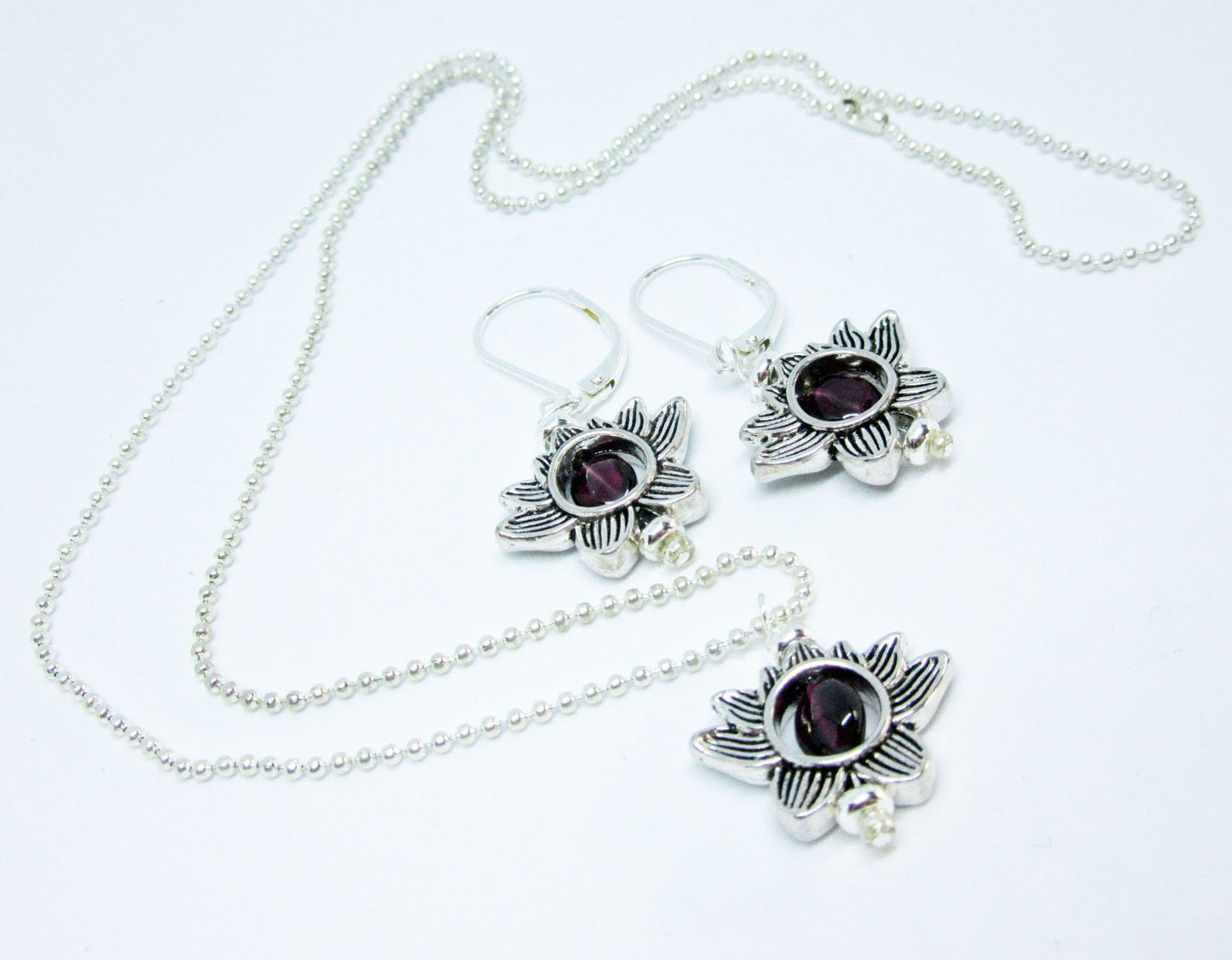 Lotus Flower Zen Jewelry set - Silver Lotus Earrings, Garnet Stone Pendant, Turquoise Silver Lotus Charm, Dainty Necklace, Calming Jewelry