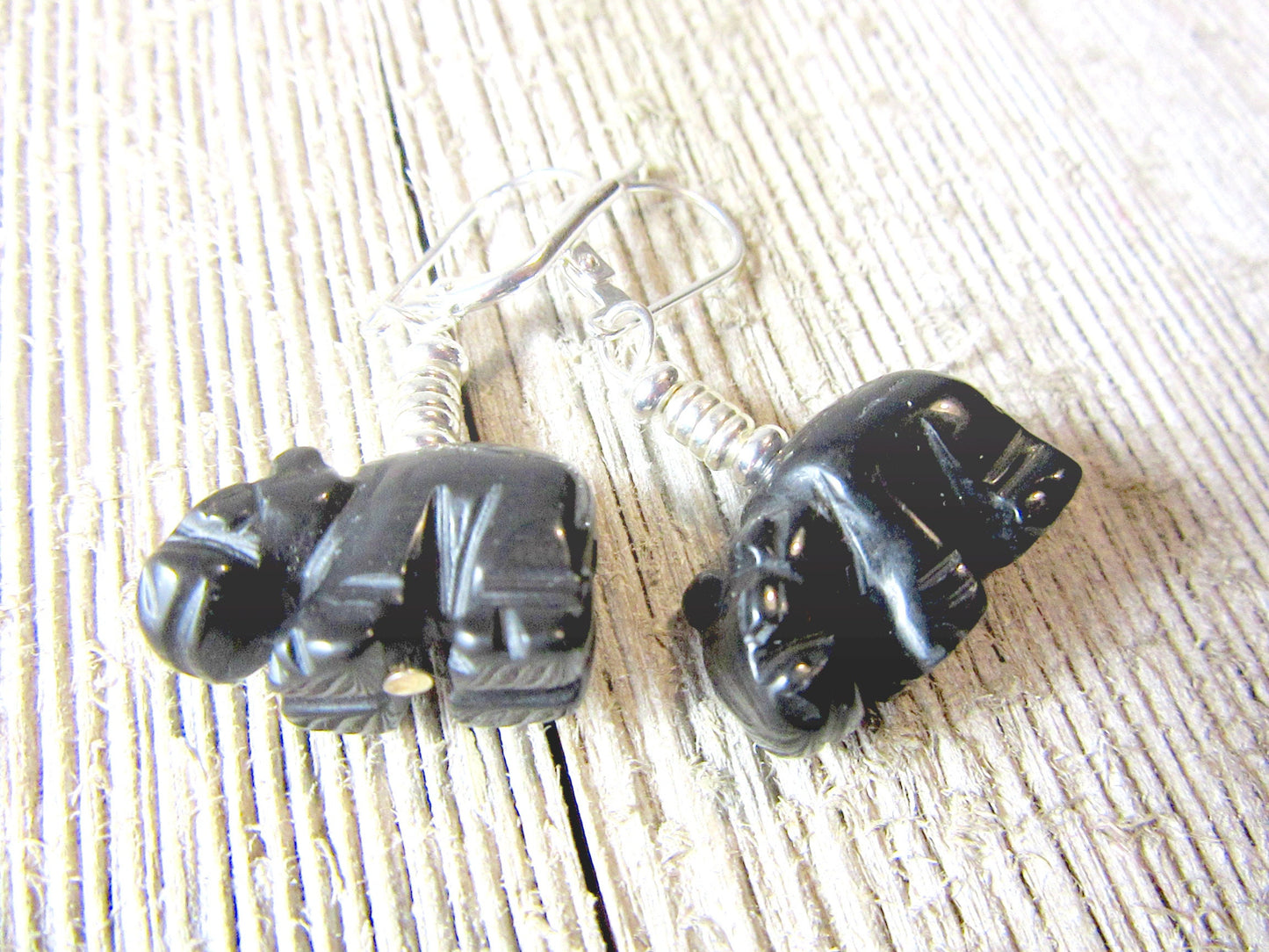 Hippo gift, hippopotamus earrings, hippo jewelry, carved stone animal, black onyx stone,  hippopotamus jewelry