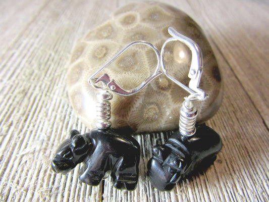 Hippo gift, hippopotamus earrings, hippo jewelry, carved stone animal, black onyx stone,  hippopotamus jewelry