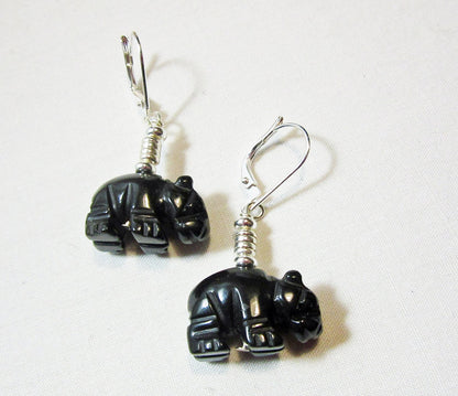 Hippo gift featuring hippo earrings made of carved black onyx stone, perfect for hippopotamus jewelry lovers.