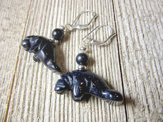 Manatee Earrings - artisan-made jewelry, sparkly carved animals, goldstone in blue and orange, Gift for Beach Sea Life Lover, rare jewelry