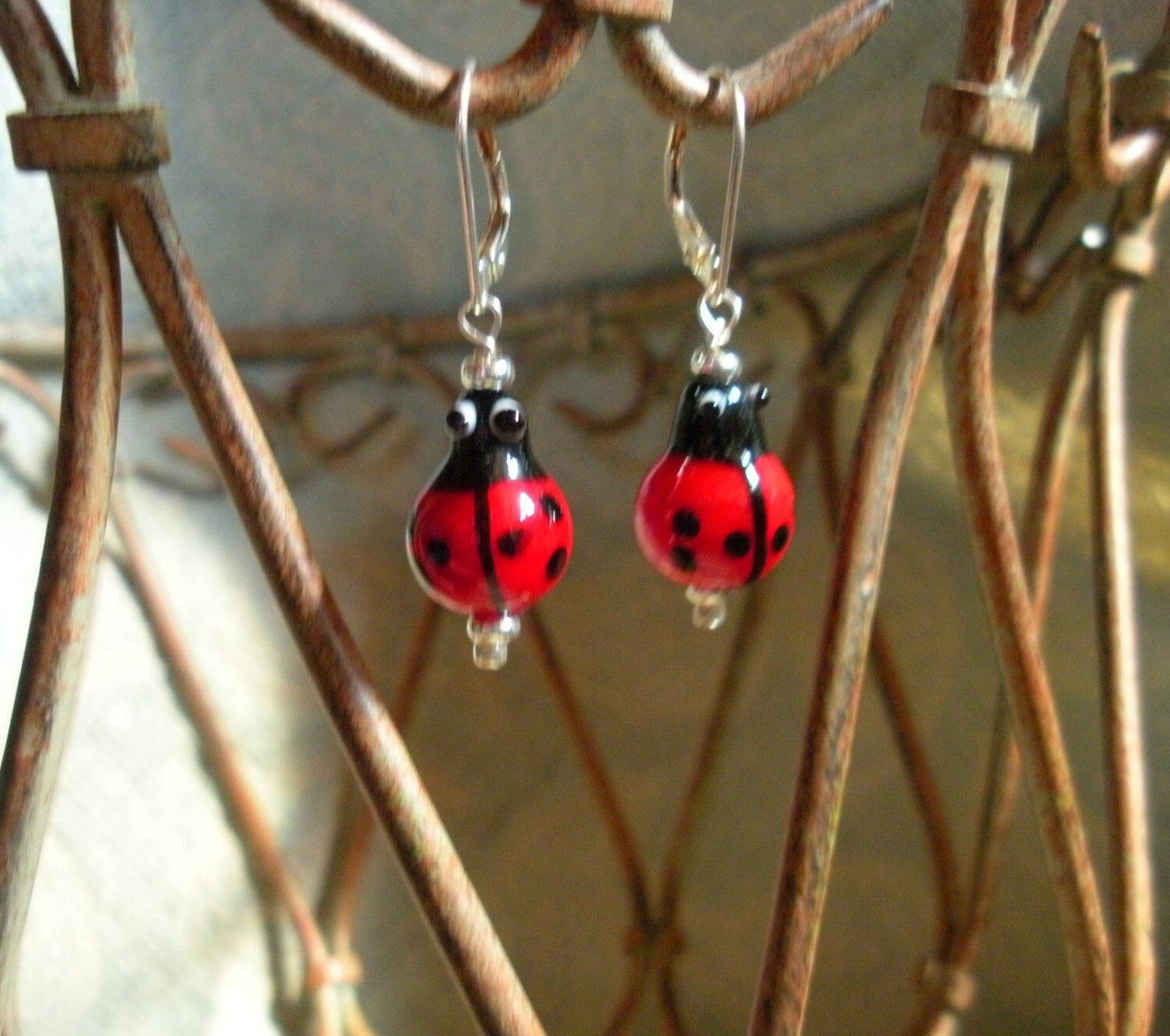 Ladybug earrings of Lampworked Glass, Cute Bug Jewelry, Lady beetle Jewelry, Fun Earrings, Insect Jewelry, Gift for Gardeners and Good Luck