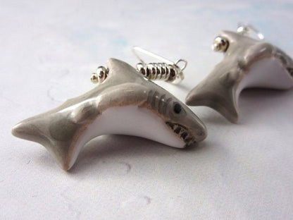 SHARK EARRINGS - Dangle style lever back earrings featuring a charming painted shark, ideal for celebrating Shark Week.