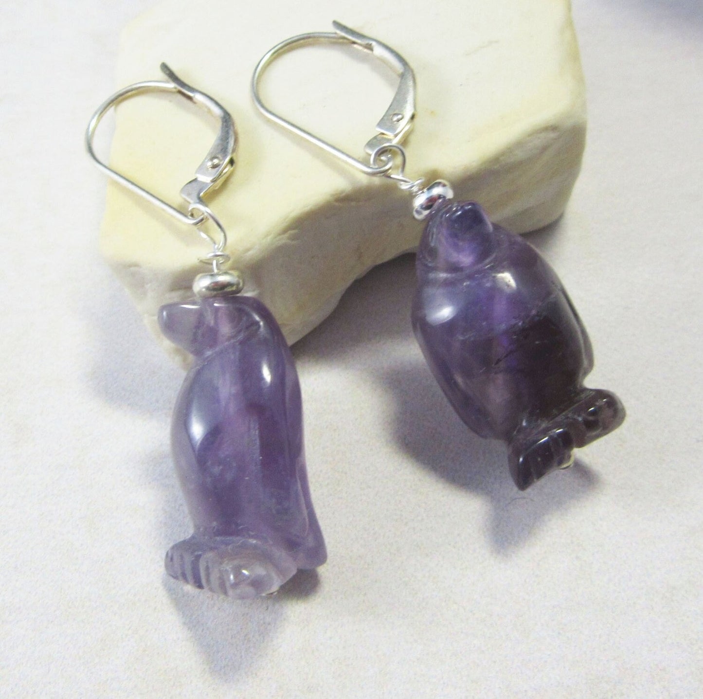 Penguin necklace, amethyst jewelry, purple penguin earrings, funny gift for her, carved stone animal