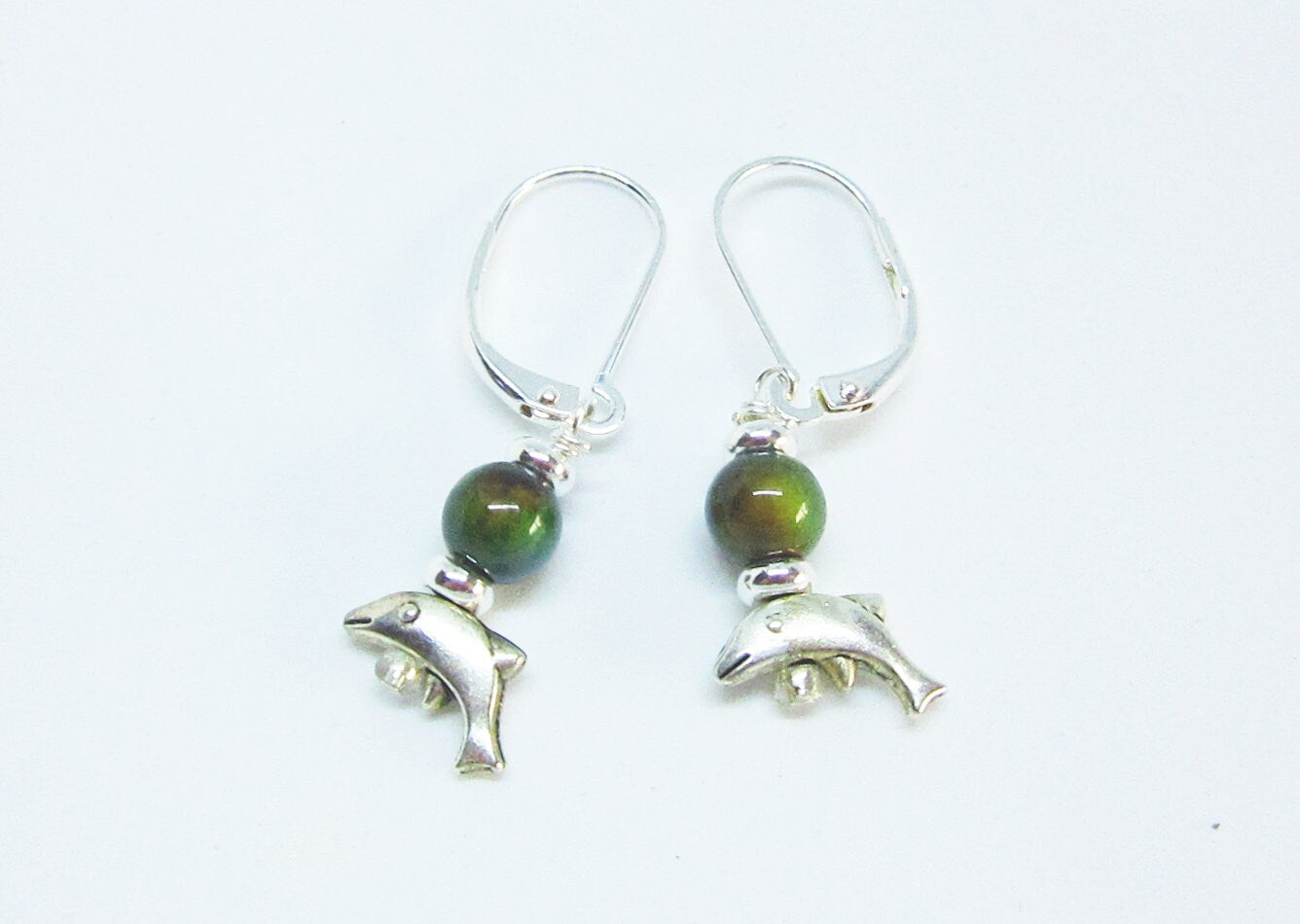 Small Silver Animal theme Earrings, dolphin with mood bead topper - Color change dolphin jewelry, ocean lover gift ,give them on porpoise