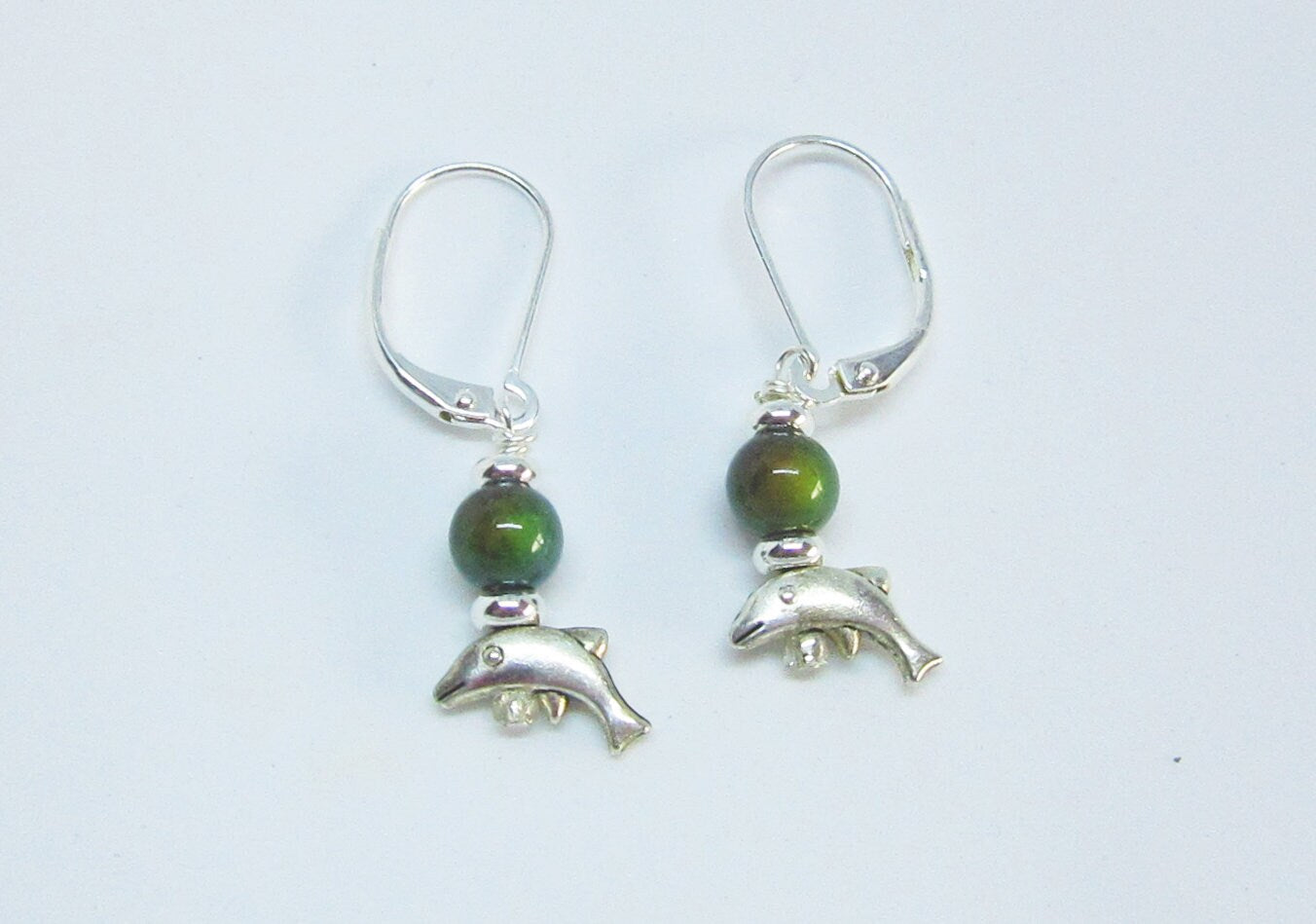 Small Silver Animal theme Earrings, dolphin with mood bead topper - Color change dolphin jewelry, ocean lover gift ,give them on porpoise