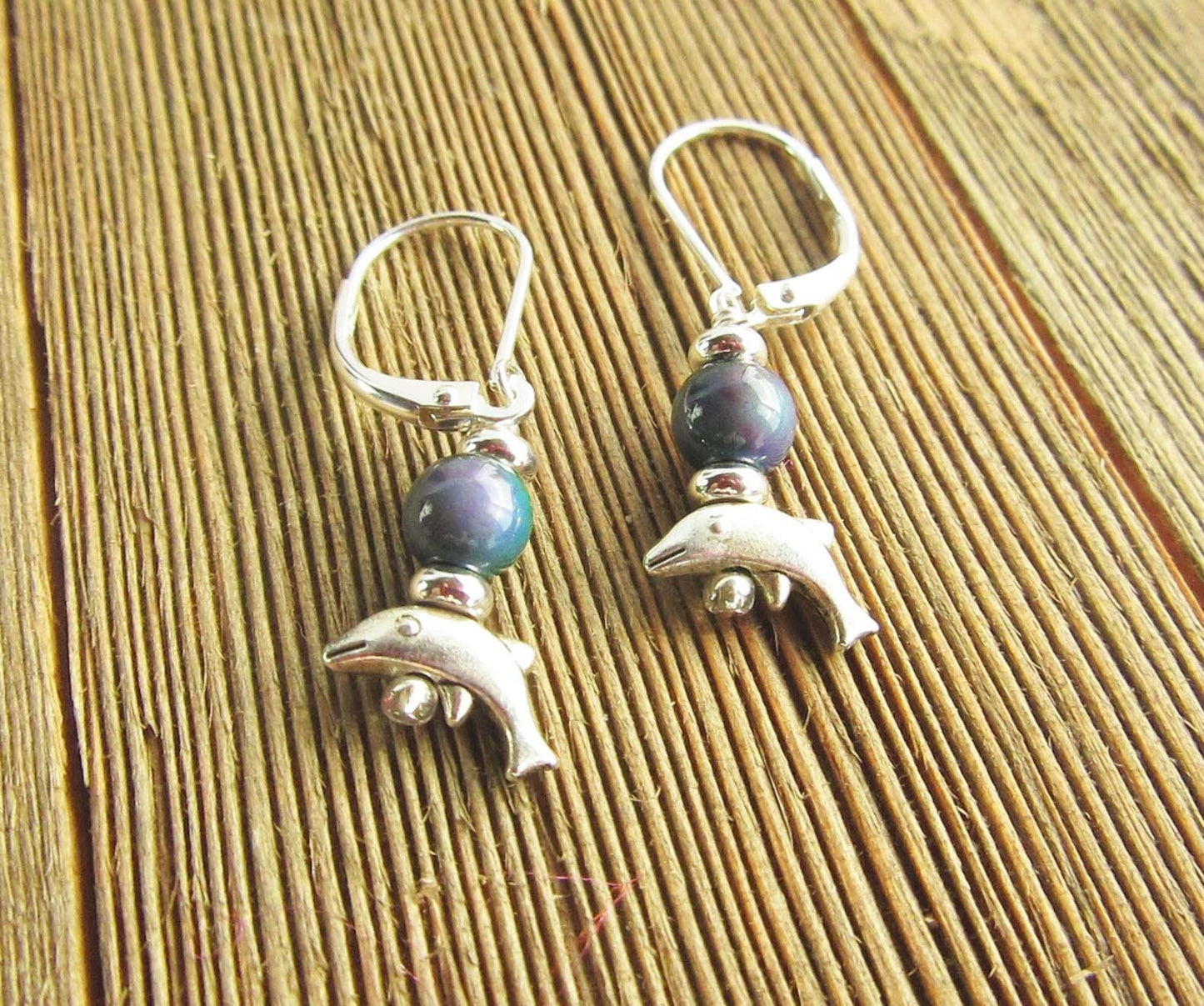 Small Silver Animal theme Earrings, dolphin with mood bead topper - Color change dolphin jewelry, ocean lover gift ,give them on porpoise